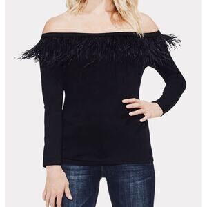 VINCE CAMUTO Women's Black Feather Off Shoulder Top Size Large